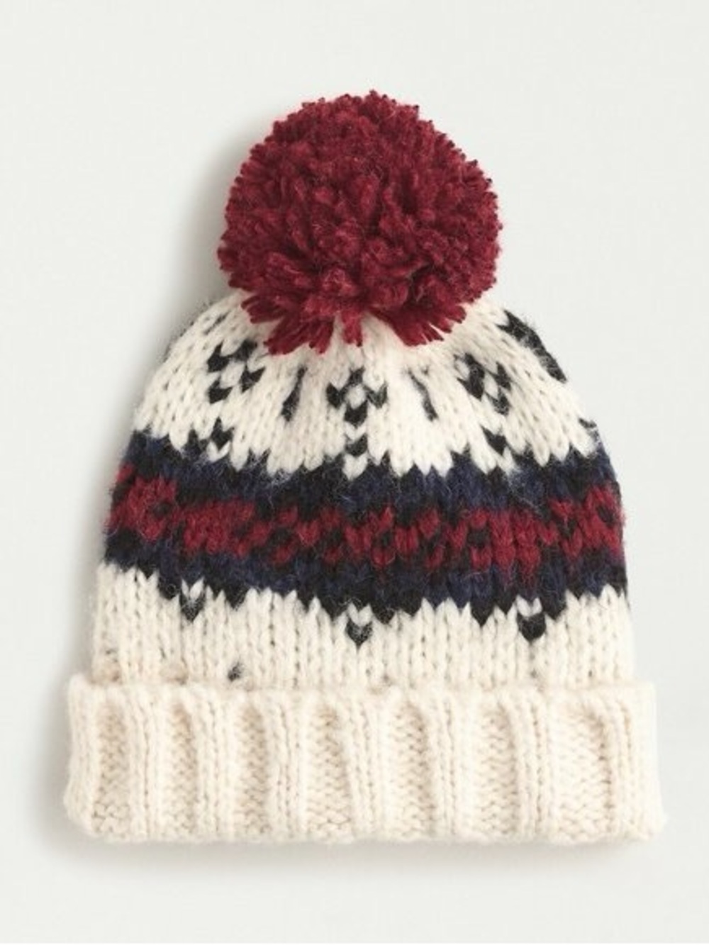 J. Crew Fair Isle Chunky Knit Pom-Pom Beanie Natural Ochre Navy Burgundy